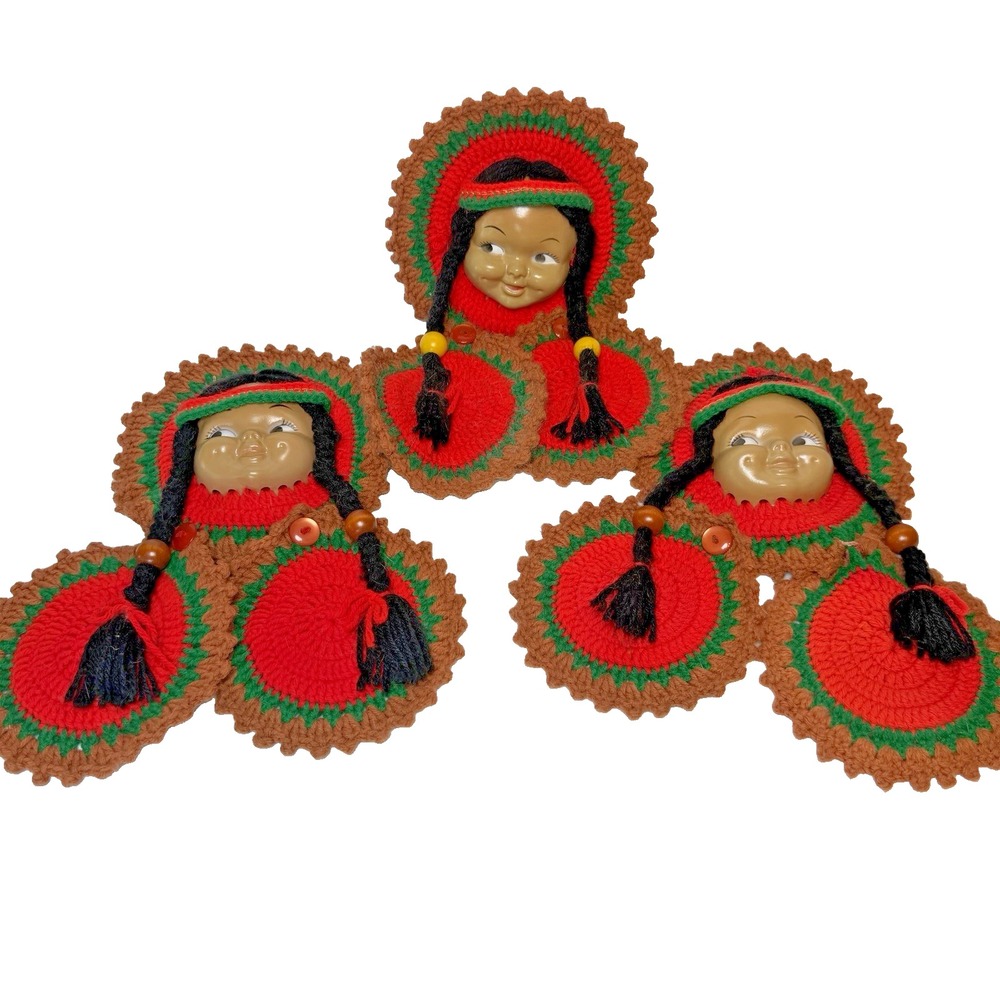 Vintage 3 Crocheted 70s Doll Face Pot Holder Hanging Handmade Decor Kitschy